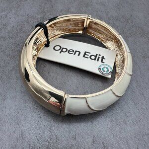 Open Edit Enamel Split Stretch Two Tone White Cream Gold Tone Bangle Bracelet